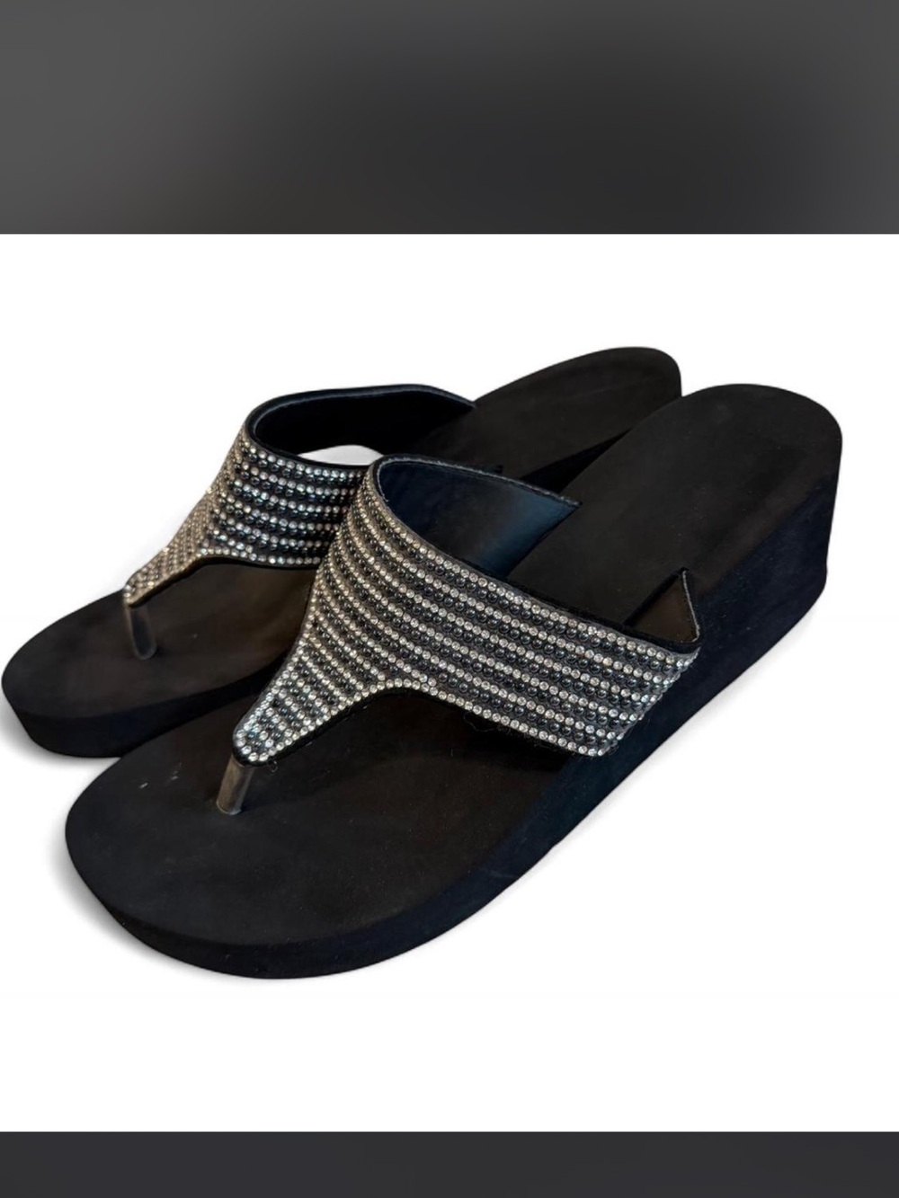 Black Rhinestone Wedge Thong Sandals - Women